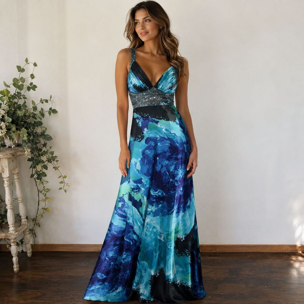 VTG Cache Blue Silk Halter Evening Party Gown Y2K Sequins Size 12